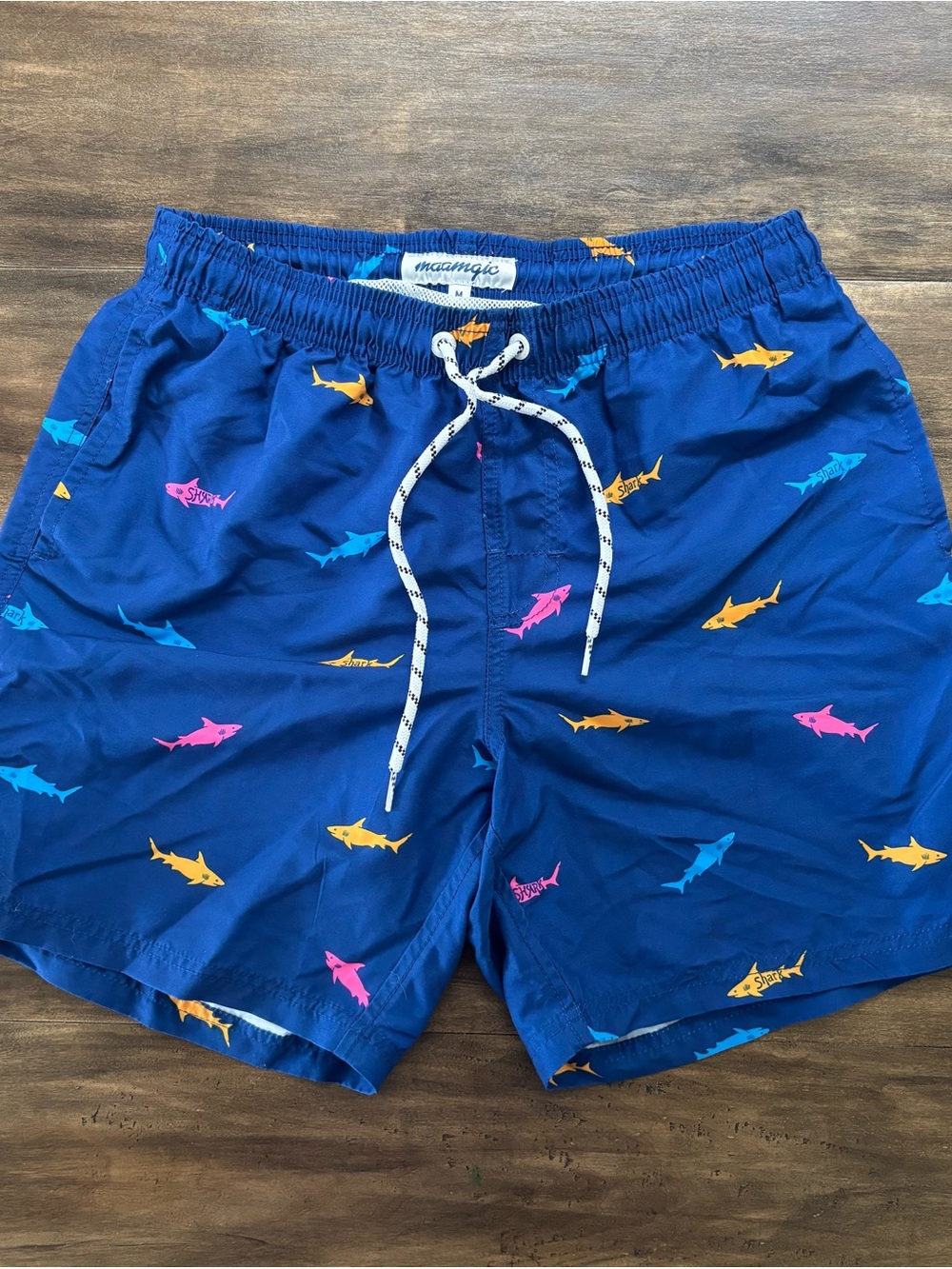 Men's Blue Shark-Print Swim Trunks. Size M